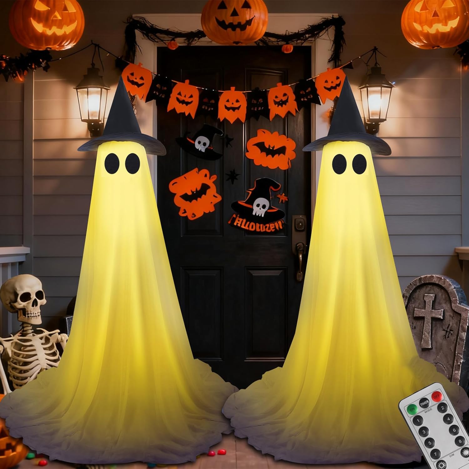 Halloween Decorations Outdoor Ghost Kit - 2 Pack DIY Halloween Decor Spooky Ghost Decor with 50 LED Lights Battery Operated,Hat,for Outdoor Indoor Porches Yards Gardens Lawn (Warm White)